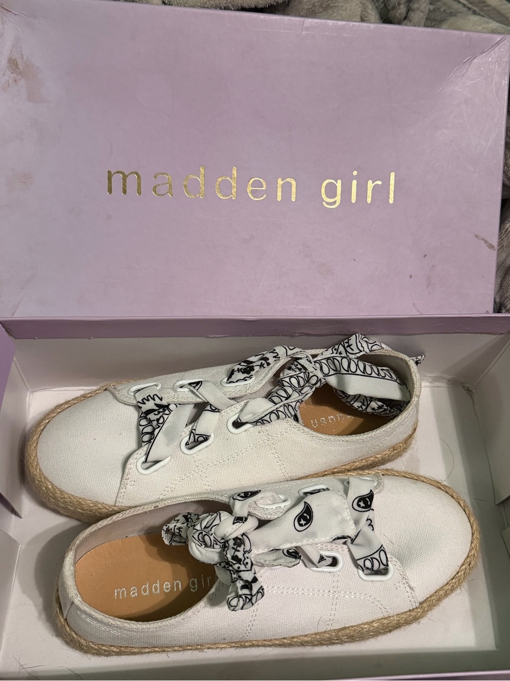 Madden Girl White Canvas Espadrille Sneakers with Black-White Patterned Laces